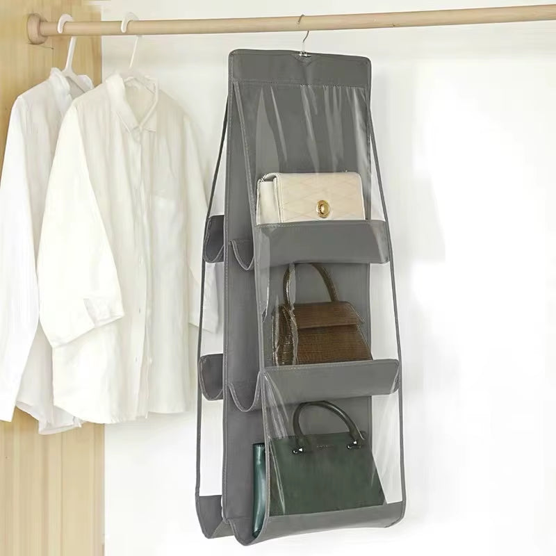 6 Pocket Hanging Handbag Organizer for Wardrobe Closet Gray Waterproof Storage Bag Door Wall Clear Sundry Bag with Hanger Pouch