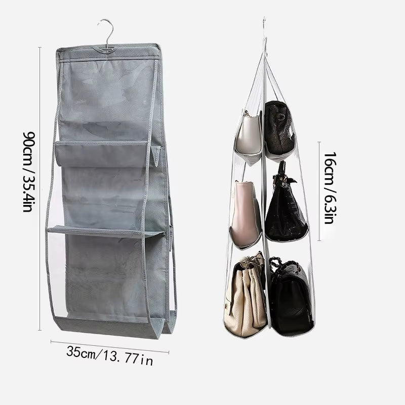 6 Pocket Hanging Handbag Organizer for Wardrobe Closet Gray Waterproof Storage Bag Door Wall Clear Sundry Bag with Hanger Pouch